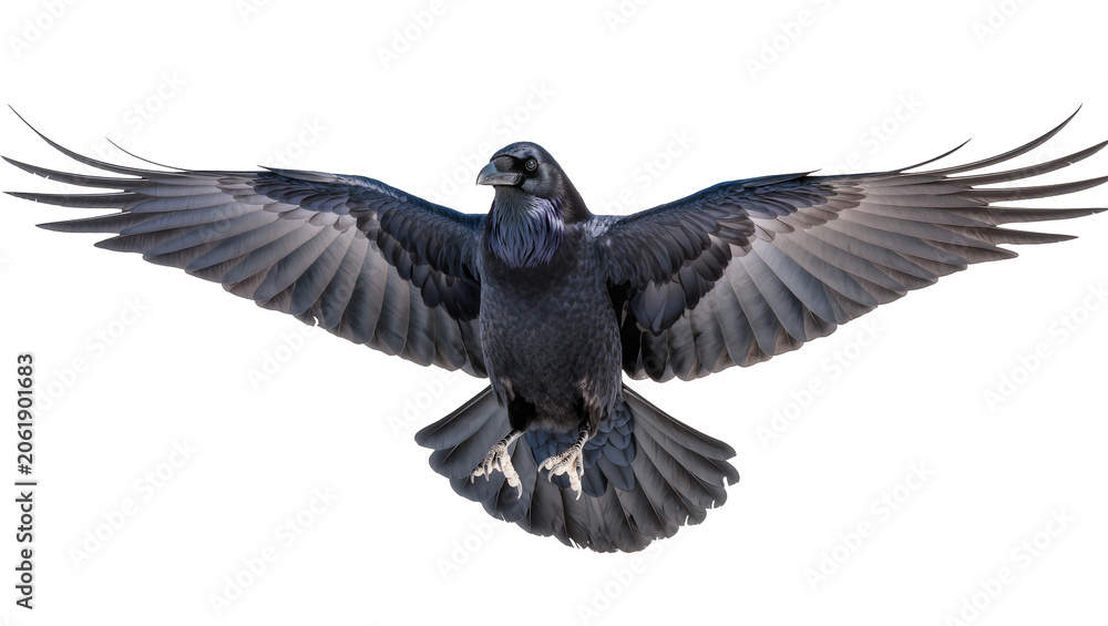 Obraz premium Black raven bird with spread wings flying, isolated on transparent background