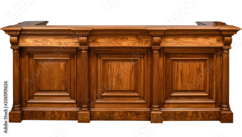 Fotografie Ornate wooden reception desk with fluted columns, isolated on transparent backgr