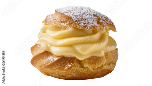 Obraz na plátně Golden brown cream puff pastry filled with rich vanilla custard dusted with powd