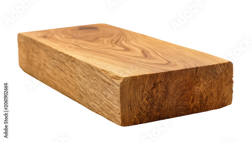 Rectangular solid oak wood beam with prominent grain patterns, isolated on transparent background