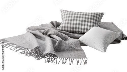 Картината върху платно Cozy grey knitted throw blanket with fringe and two pillows, isolated on transpa