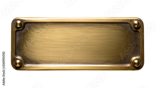 Rectangular antique brass nameplate with rounded corners, isolated on transparent background