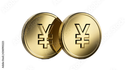 Foto Two shiny gold coins with Japanese Yen symbol, isolated on transparent backgroun
