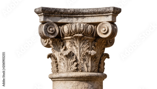 Foto Ornate ancient stone Corinthian column capital with acanthus leaves, isolated on