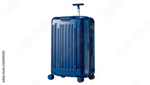 Fotografía Shiny blue ribbed suitcase with telescopic handle, isolated on transparent backg