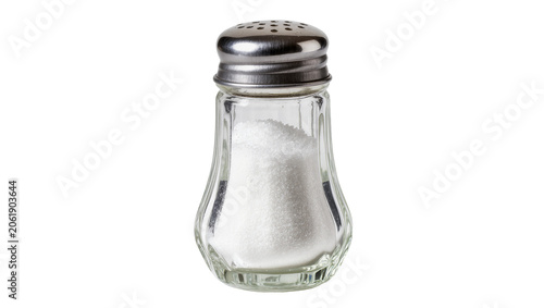 Tableau sur toile Glass salt shaker with metal lid filled with white salt, isolated on transparent