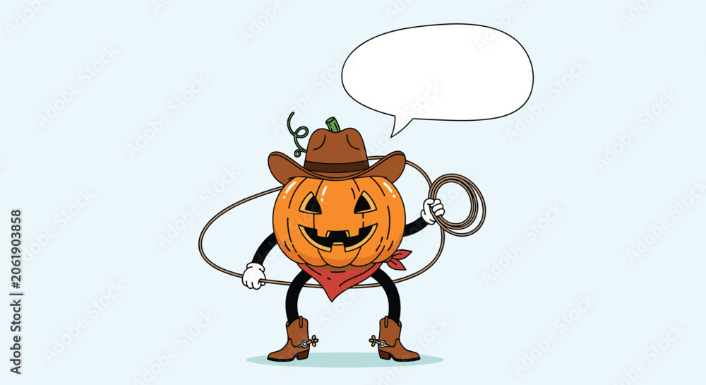 Naklejka premium Adorable cartoon jack-o'-lantern wearing a cowboy hat and bandana, holding a lasso and an empty speech bubble, ready for Halloween fun.
