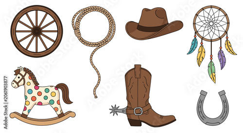 Diverse collection of colorful western and cowboy-themed illustrations, including a wagon wheel, lasso, hat, dreamcatcher, rocking horse, boot, and horseshoe.
