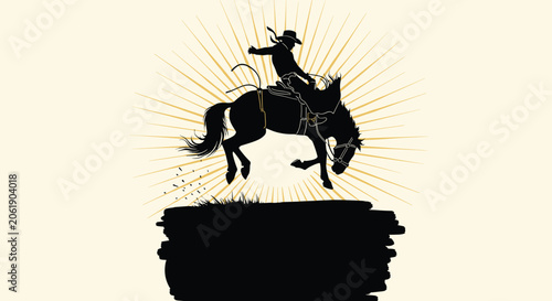 Dynamic black silhouette of a cowboy triumphantly riding a bucking horse, set against an orange sunburst with ample copy space below.