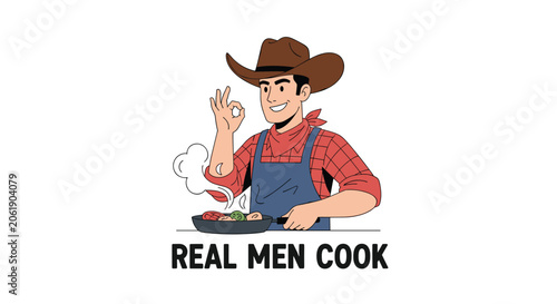 Cartoon cowboy chef in a hat and apron making an 