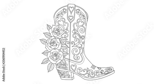 Elegant black and white line drawing of a highly decorative cowboy boot featuring intricate patterns, heart motifs, and a beautiful cluster of roses.