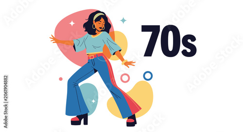 Vibrant illustration of a woman in authentic 70s disco fashion, striking a dynamic dance pose, surrounded by abstract shapes and 
