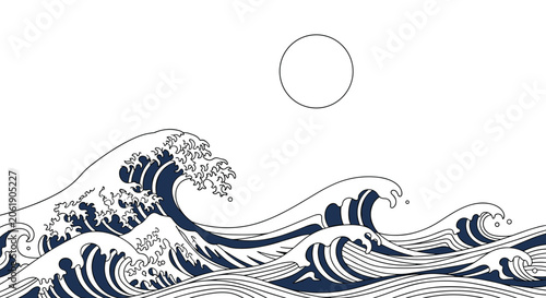 A captivating Japanese Ukiyo-e style line art illustration showcasing powerful ocean waves crashing beneath a minimalist sun outline, evoking classic Eastern art.