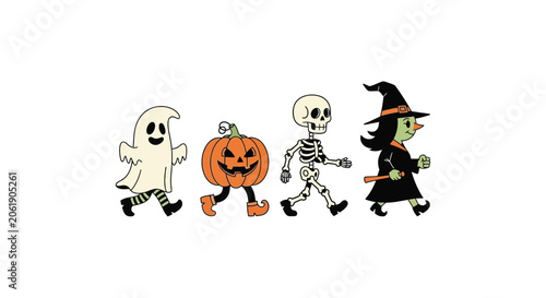 Fotografie Halloween characters including a ghost pumpkin skeleton and witch in a vector il