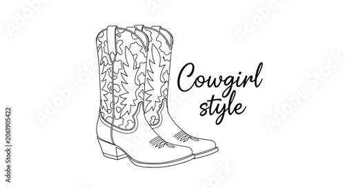 An elegant black and white outline illustration featuring a pair of intricately adorned cowgirl boots with classic Western stitching, complemented by 