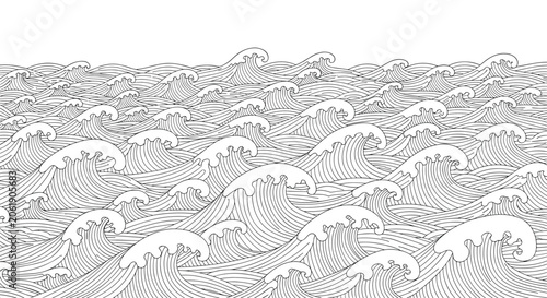 An intricate and captivating seamless pattern composed of numerous stylized ocean waves, presented in a detailed line art drawing, evoking a sense of fluid motion.