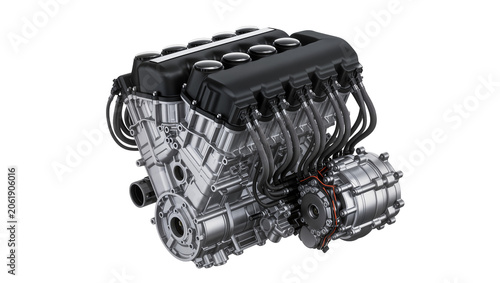 Fotografie Complex V8 engine with black covers and silver metal parts, isolated on transpar