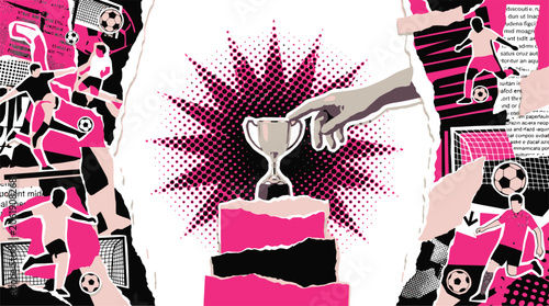 Canvastavla Abstract soccer collage vector, football players in pink and black zine style, s