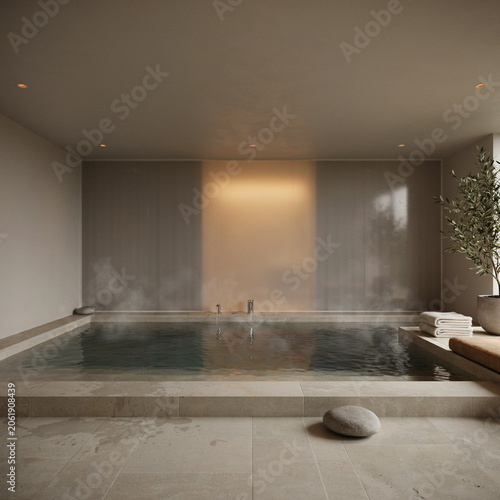 Spa pool filled with steaming hot water creates a serene and relaxing atmosphere within this luxury indoor setting.