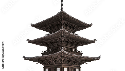 Tableau sur toile Dark wooden Japanese pagoda with tiered roofs, isolated on transparent backgroun