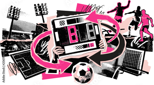 Bild auf Leinwand Dynamic soccer collage with digital scoreboard and players, abstract football sp