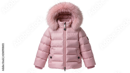 Fotografía Pink puffer jacket with fur hood, isolated on transparent background
