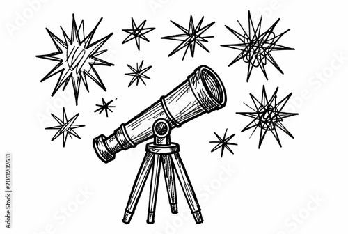 Vintage telescope illustration with stars.