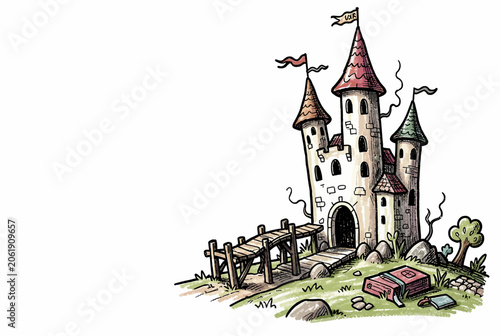 Whimsical Cartoon Castle with Flags and Trees.