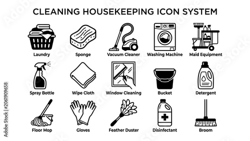 Cleaning Housekeeping Icon System Vector Set for Laundry and Mop