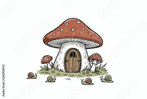 Whimsical Mushroom House with Snails Illustration.