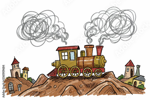 Whimsical steam train illustration with smoke.