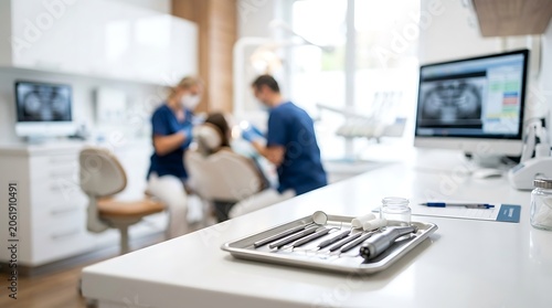 Modern Dental Clinic Interior with Professional Equipment and Staff Attending to Patient in a Clean and Bright Environment