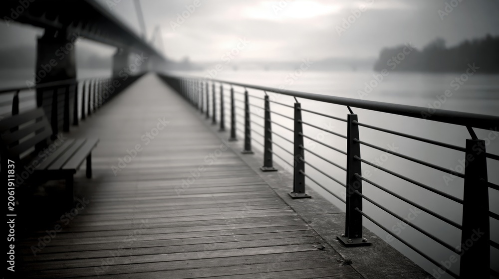 Obraz premium Pinhole Photography of a Wooden Pier With a River and a Bridge Overhead