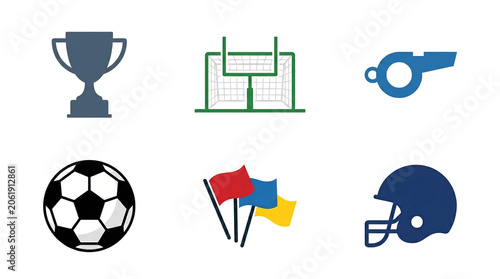 Flat vector icon set of sports symbols trophy goal post whistle ball and flags.