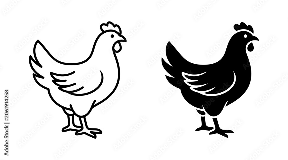 Fototapeta premium Chicken Silhouette And Line Art Black And White Illustration