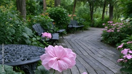 Whimsy Outdoors Garden Walk With Flowers and Benches in Peaceful Setting