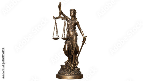 Fotografie Bronze Lady Justice statue holding scales and sword, isolated on transparent bac