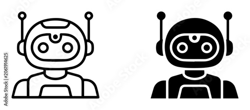 Robot icons, black and white line art, simple bot illustrations, 2 robot heads