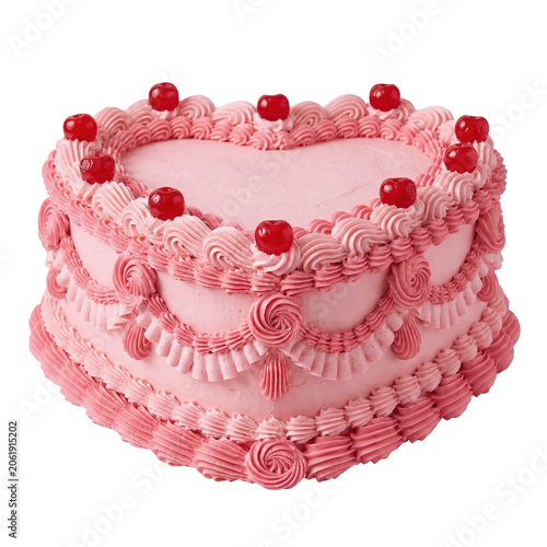 Bild auf Leinwand Heart shaped pink cake with maraschino cherries
