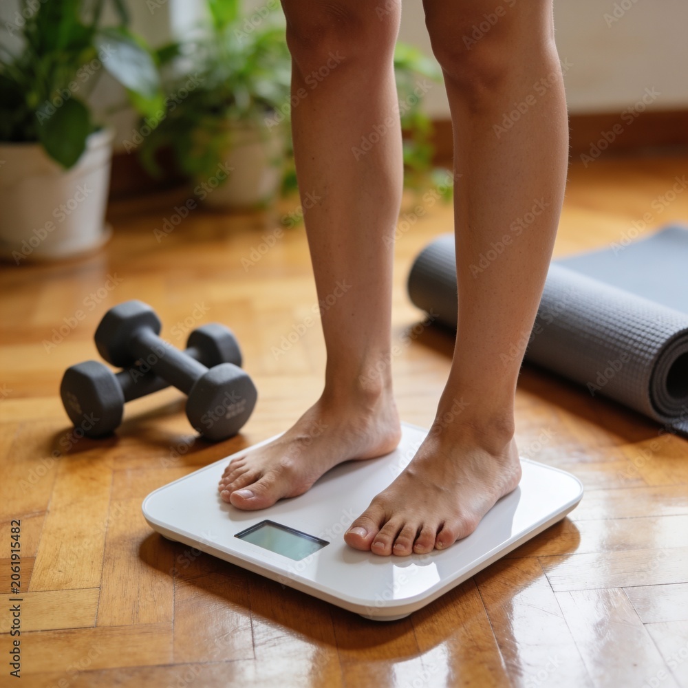 Fototapeta premium Woman Standing on Digital Weight Scale at Home with Fitness Equipment