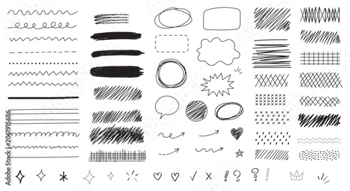 Minimal hand drawn correction marks set, presentation flowchart speech bubbles line illustration, hand drawn bullet points doodle background, expressive strokes crossing cross marks elements, creative