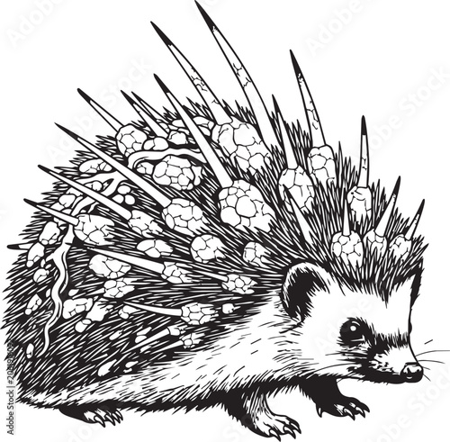 Vászonkép Hedgehog with textured spines in a detailed line drawing against a white backgro