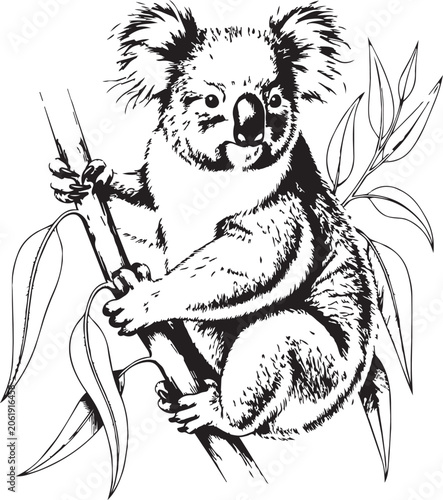 Foto Koala clinging to eucalyptus branch with detailed linework and natural foliage f