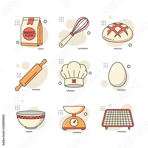 Fotografía Colorful baking icons arranged on white background for culinary design