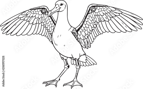 Mechanical Albatross bird standing with wings spread wide in a clean line drawing style