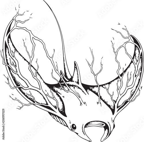 Manta ray silhouette with intricate tree branch patterns in its wings against a white background symbolizing nature's fusion