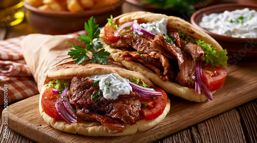 Savoring the flavors of Greece with delicious gyros served on wooden table