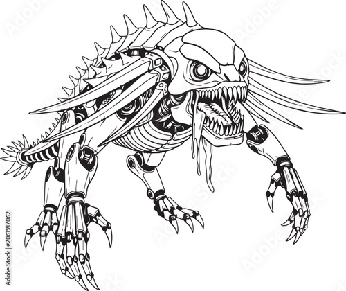 Mechanical creature with sharp spines and fangs on white background detailed line art concept