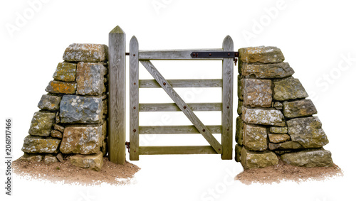 Rustic wooden farm gate with stone pillars, isolated on transparent background