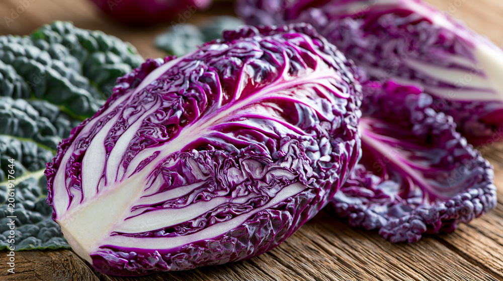 Obraz premium Freshly harvested purple chinese cabbage on rustic wooden table